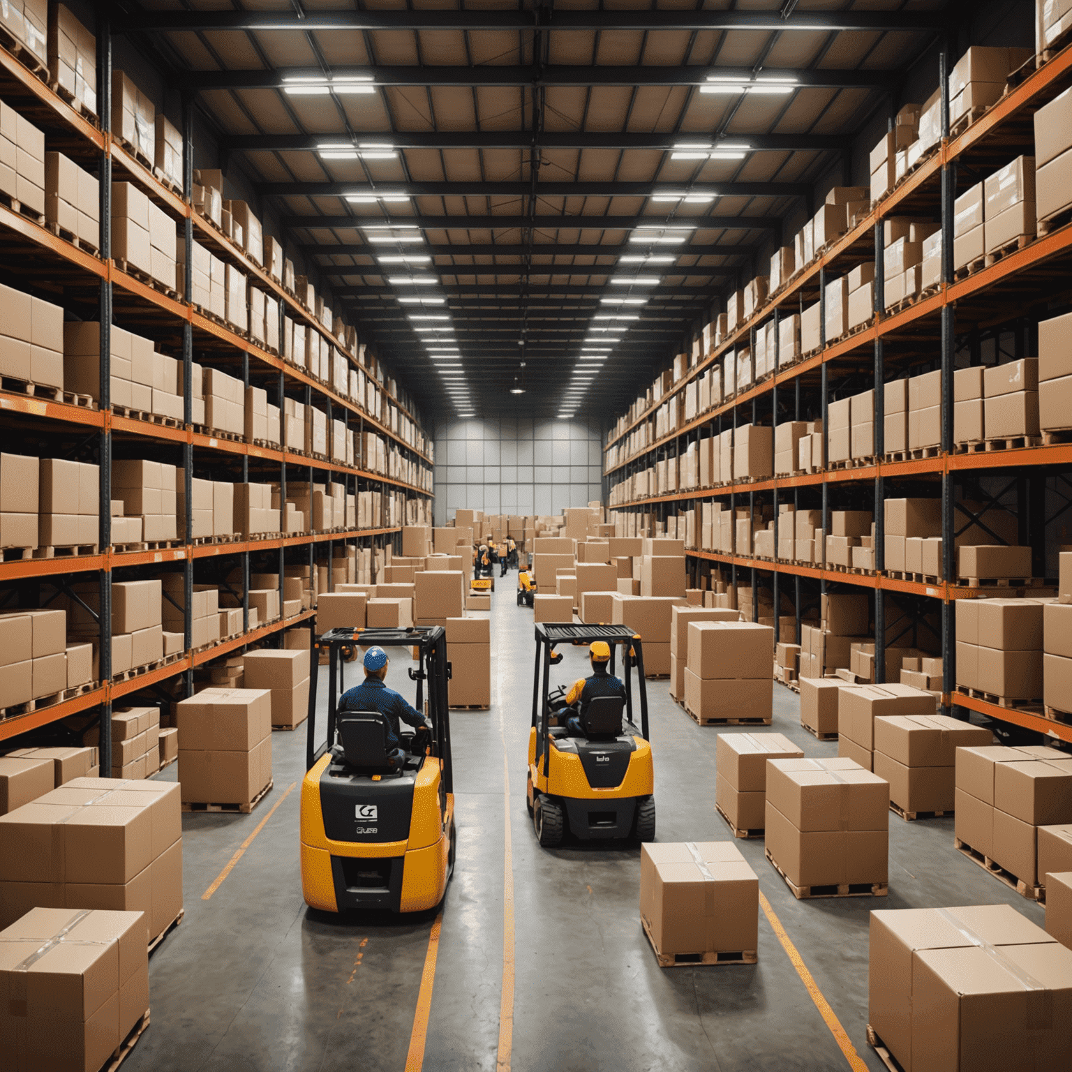 Büyük bir depo içinde çok sayıda paket ve koli. Forkliftler ve çalışanlar paketleri taşıyor ve düzenliyor.