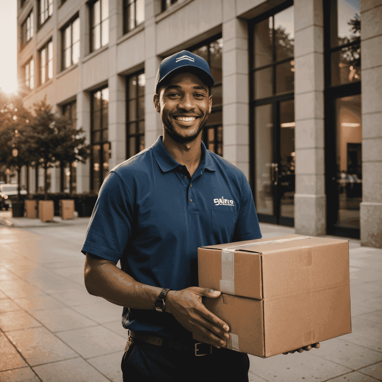 Bir kurye, elinde paketlerle bir ofis binasının önünde gülümsüyor, güneş batarken